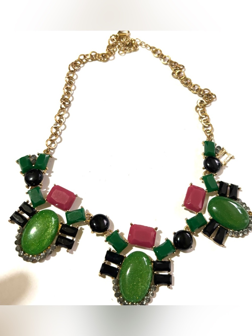 Fashion Jewelry Gold-Tone Necklace with Green, Pink and Black Stones